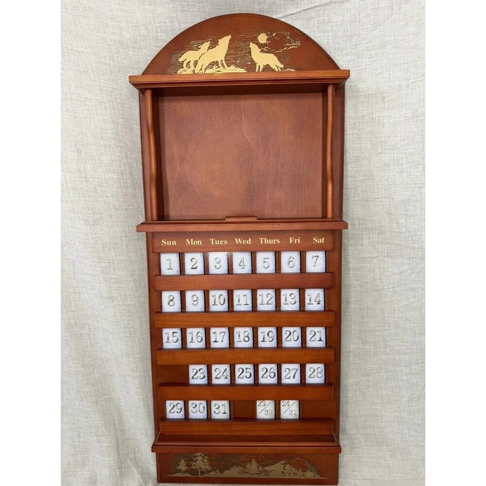 Bradford Exchange Wooden Wood Perpetual Calendar with wolves wolf Vintage read